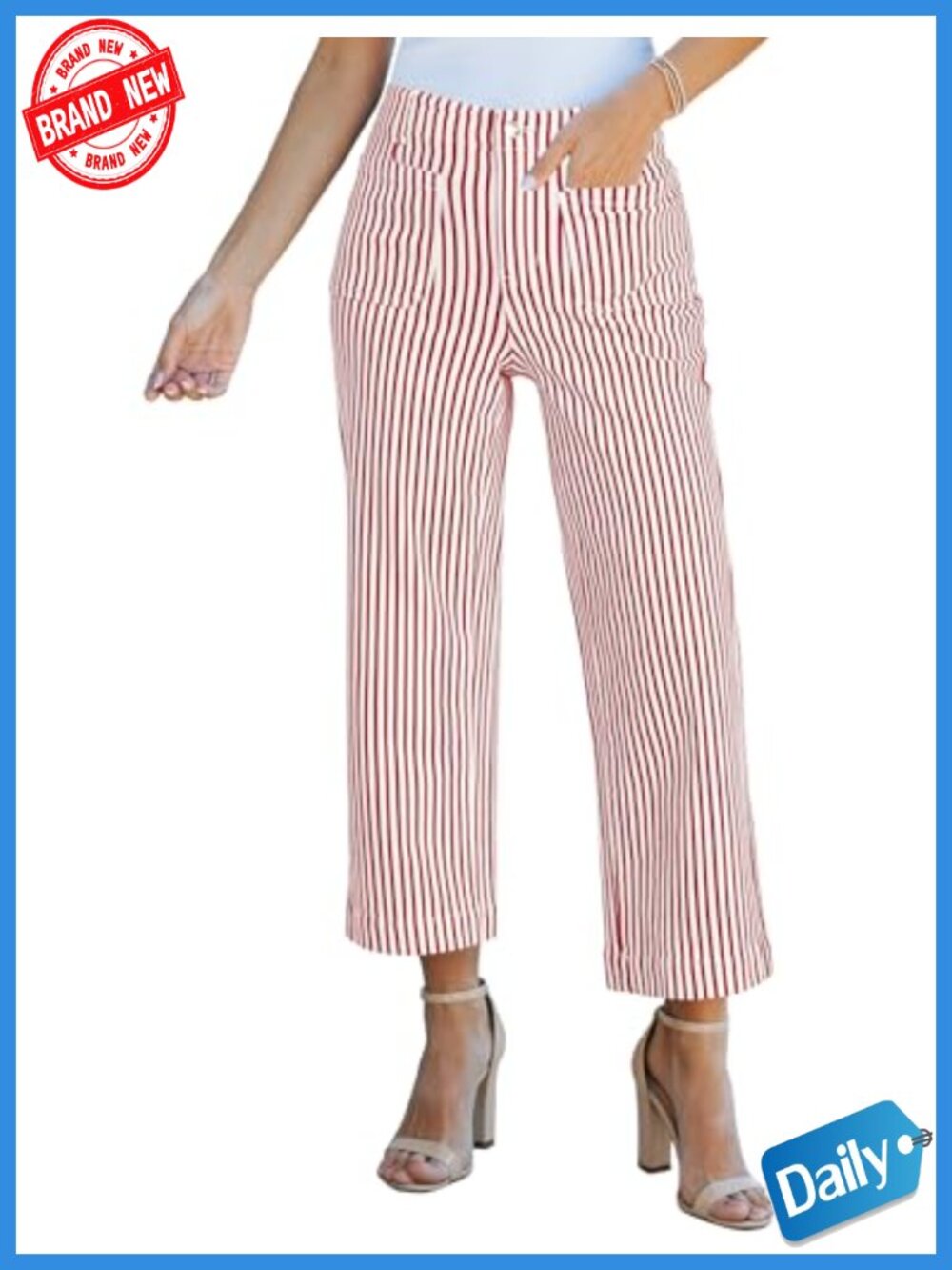 High Waisted Striped Wide Leg Jeans Stretchy Denim Patch Pocket Pinstripe Pants